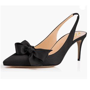 YDN Black Satin Mid Heel Bow Pointed Toe Slingback Slip on Sandals Prom Shoes